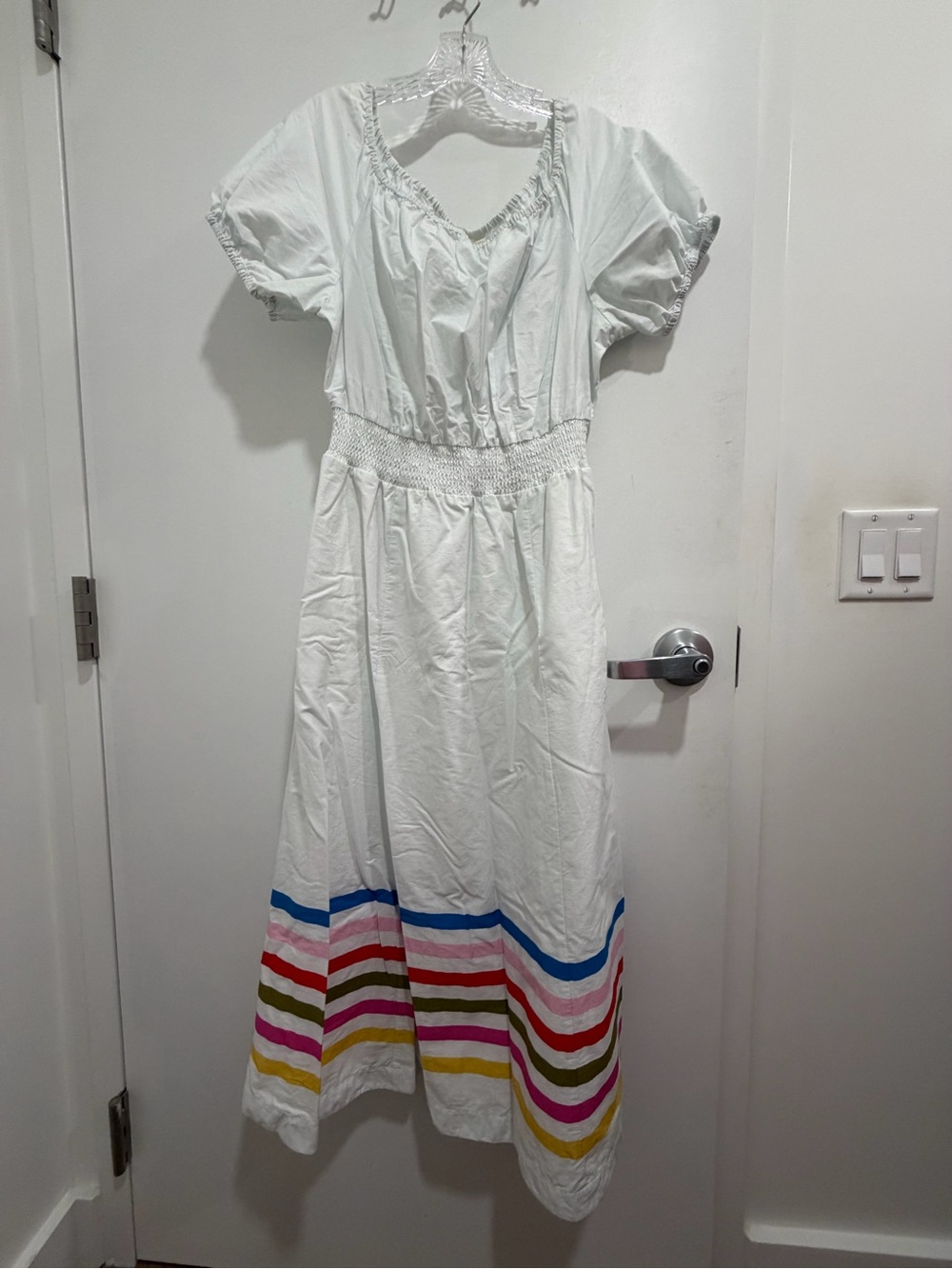 Boden White Cotton Midi Dress with Multicolor Hem Stripes - Picture 1 of 2